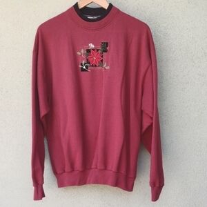 Vintage Top Stitch Maroon Embroidered Christmas Poinsettia Sweatshirt L